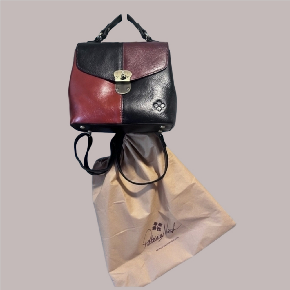 Patricia Nash Sinclair Leather Convertible Backpack-Colorblock Black/Tan- EUC